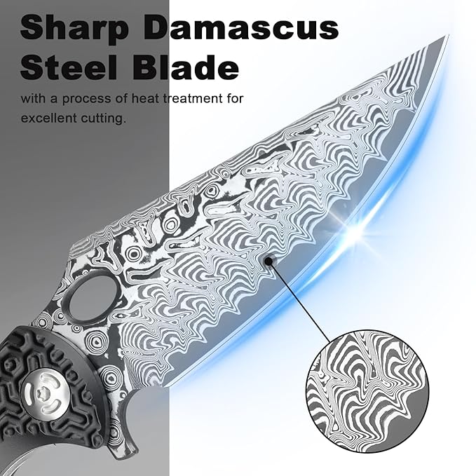 Pocket Knife for EDC Damascus Pocket Knife with Black Aluminum Handle 3.3" Damascus Blade Pocket knives & Folding Knives