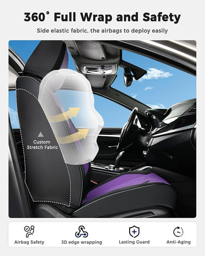 Huidasource Car Seat Covers Full Set, Universal Fit for Most Cars SUV Trucks, Full Coverage Nappa Leather Seat Cover, Airbag, Cupholder Compatible, Velcro Adjustable, Black&Purple