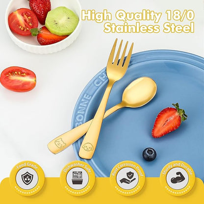 DRKIO Stainless Steel Toddler Utensils Set - 6 Pieces Kids Silverware Set Children Safe Food Grade Small Forks and Spoons Dishwasher Safe Mirror Polished