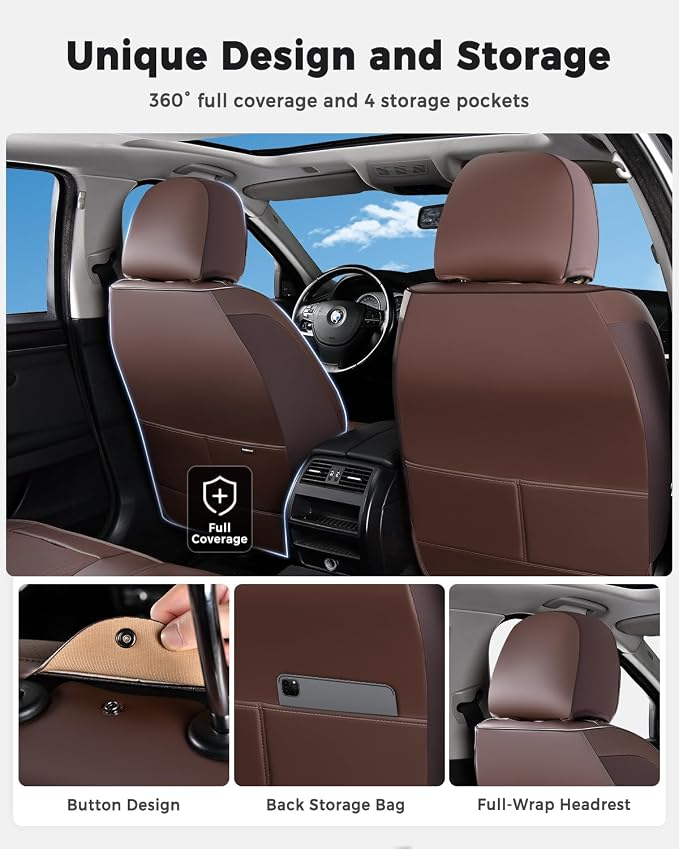 Huidasource Coffee Seat Covers Full Set, Universal Fit for Most Cars Trucks SUV, Full Coverage Leather Seat Cover, Airbag, Cupholder Compatible, Velcro Adjustable, Heaating/Cooling Function Retain