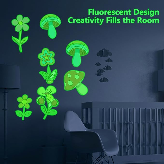 Glow in The Dark Colorful Flowers Stickers, 27 PCS Glowing Luminous Rainbow Heart Wall Decals Flowers Mushrooms Ceiling Stickers for Kids Boys Girls Bedroom Nursery Playroom Party Room Decor