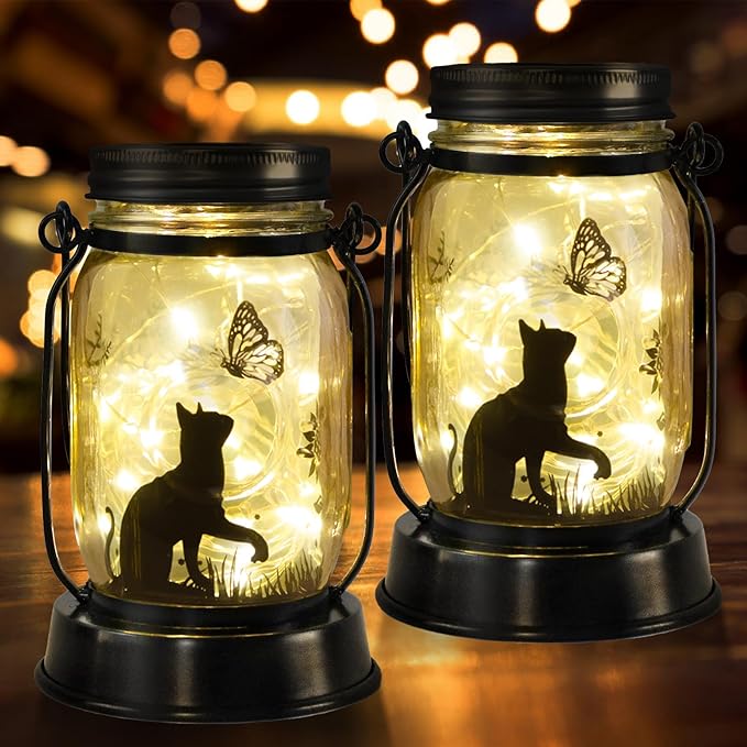 kyoryuger Cat Solar Lanterns 2PACK Cat Lover Gifts for Women Mom Grandma Christmas Cat Gifts for Cat Lovers Cat Memory Lantern with Stake for Yard Lawn Patio Garden Decor and Bedroom Decoration