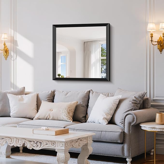 Black Bathroom Mirror 30 x 30 Inch Rectangle Wave Beveled