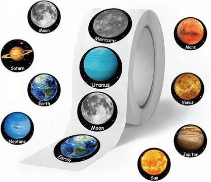 500pcs Cartoon Planet Stickers, 1 Inch Self-Adhesive Cartoon Planet Decals Cool Stickers Planet Stickers Roll for Envelope Books Laptops Bottles Crafts Supplies