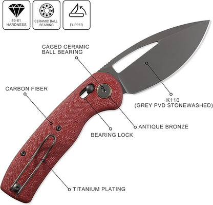 Petrified fish PFP13 Viper Folding Knife,3.5" K110 Steel Stonewashed Blade Carbon Fiber Handle Pocket Knife for Camping EDC Outdoor (Red Stonewashed)