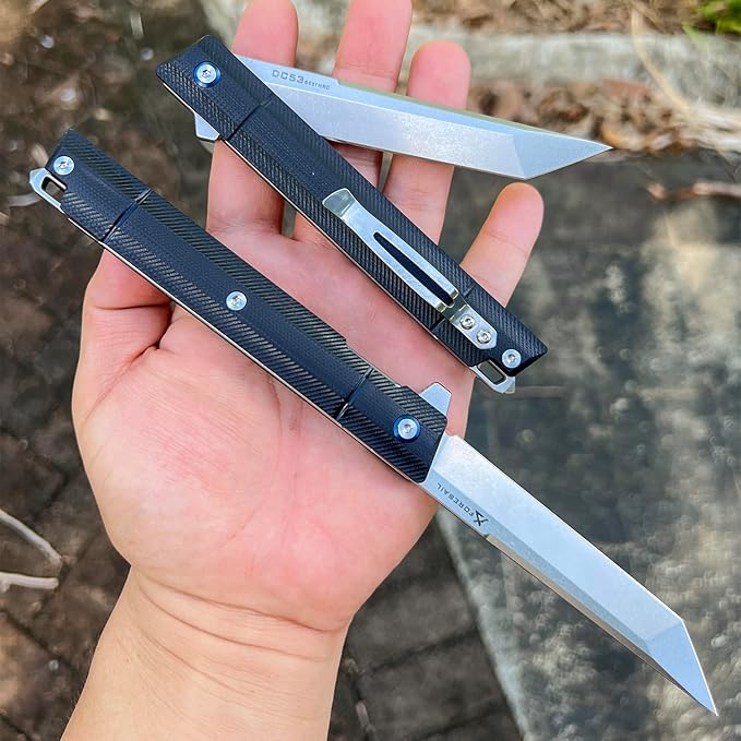 Flipper Pocket Folding Knife,DC53 Steel Blade and G10 Handle. With pocket clip and glass breaker,men's pocket knife hiking trip EDC tool Knife (Stone Wash Blade-T)