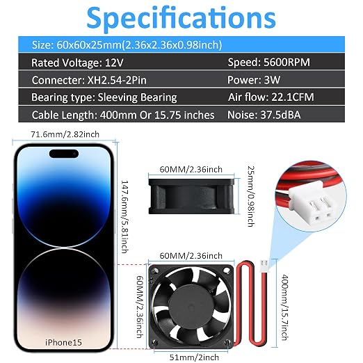 60mm 12V DC Cooling Fan - PANOMOUNTS CF6025 High Airflow 60mm 25mm 12V 2Pin Amp Fans for Car Audio Vent Cooling Fan Low Noise 5600RPM 2-Pack