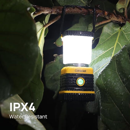 LED Camping Lantern, Consciot C02 USB-C Rechargeable Camping Lights, 1500LM, 5 Light Modes, Up to 100H Run Time, IPX4 Waterproof, Dimmable Tent Lights for Power Outages