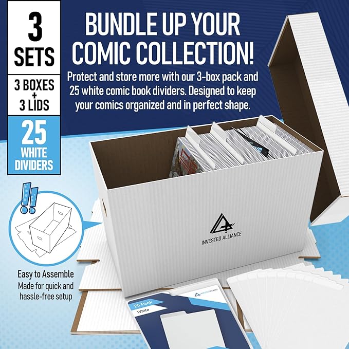 Bundle Set - Premium Short Comic Book Storage Box (3 Pack - White). Thick Cardboard Comic Book Box/Cabinet. Comics Books Bin for 150-175 Collectibles & White Comics Books Dividers (25 Pack)