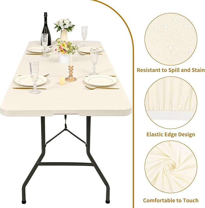 6 Pack Stretch Fabric Table Top Cap Cover, fits 6' Tables, Spandex Table Covers Washable Elastic Rectangle Tablecloth Protector for Indoor Outdoor Party Picnic Wedding, Ivory, 30" W x 72" L