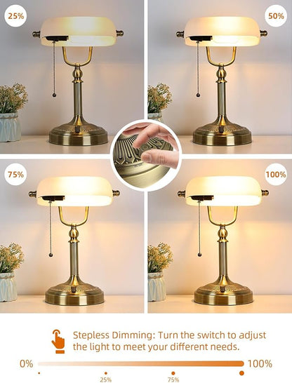 Newrays White Matted Glass Bankers Desk Lamp, Stepless Dimmable Table Lamp Plug