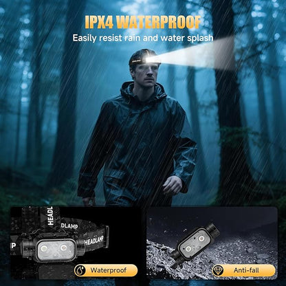 Rechargeable LED Headlamp, High Lumen Super Bright Head Lamp with Red Light, Motion Sensor, 5 Modes, 90° Adjustable, Waterproof Lightweight Headlamps for Adult Running, Camping, Fishing