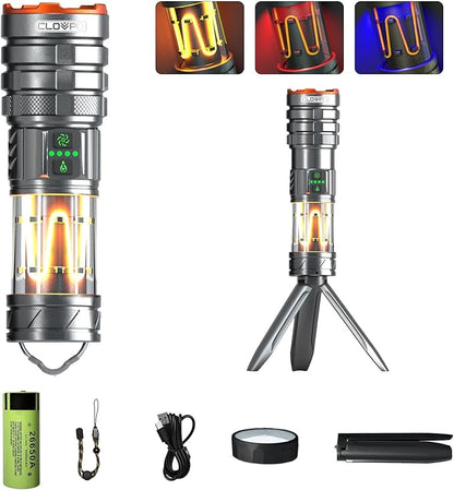 Rechargeable Flashlight 11 Modes Tactical Camping Flashlight with Red-Blue Emergency Lights, 10000 Lumens 3 in 1 Portable Camp Light with Stand, Bright LED Flashlight for Outdoor Activity
