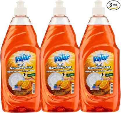 Valor Dishwashing Liquid, 25 fl oz – Dish Soap for Kitchen & Bathroom, Grease-Fighting, Gentle on Hands, Fast Rinse, Eco-Friendly Biodegradable Formula (25 oz (Pack of 3), Orange)