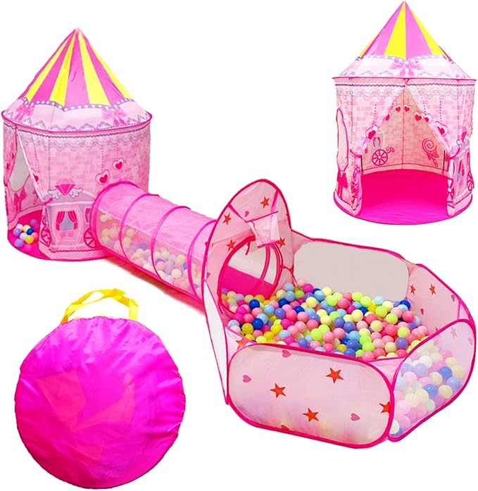 3pc Princess Fairy Tale Kids Play Tent, Oval Crawl Tunnel, Ball Pit for Toddlers, Indoor Outdoor Playhouse Castle Toys, Baby Boys Girls for 3 4 5 6 7 Years Old (Balls Not Included)