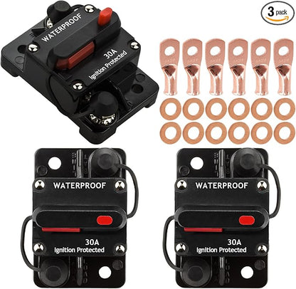 3 Pack 30 Amp Auto Car Stereo Audio Circuit Breaker Fuse 12-48VDC Manual Reset Button Switch Fuses, with Wire Lugs Copper Washer