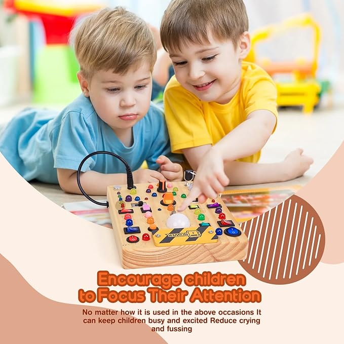 Busy Board with 19 LED Light Switches, Montessori Toys for 1 2 3 Years Old, Wooden Sensory Board, Toddlers Toys Activity Travel Toys for 1 2 3 Year Old Boy & Girl Birthday Gift (Big)