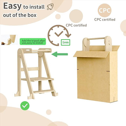 Kids Kitchen Step Stool, Foldable Toddler Tower, Height Adjustable Toddler Standing Tower with Safty Rail and Anti-Slip Device, Wooden Stool for 1.5-6 Years(Nature-Wood)