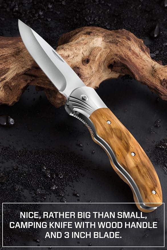 Grand Way Pocket Knife for Men with Wood Handle, Liner lock - Folding Sharp Blade 3.54" - Cool Knives for Camping EDC - Gifts for Dad Him - 6651