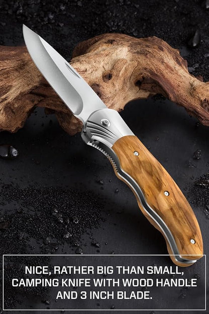 Grand Way Pocket Knife for Men with Wood Handle, Liner lock - Folding Sharp Blade 3.54" - Cool Knives for Camping EDC - Gifts for Dad Him - 6651