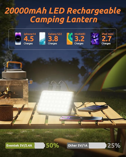 Eventek LED Camping Lantern Rechargeable, 20000mAh Portable Camping Lights up to 144 Hours & 4 Light Modes, IPX5 Waterproof Camping Essentials for Power Outages, Emergency, Tent, Outdoor