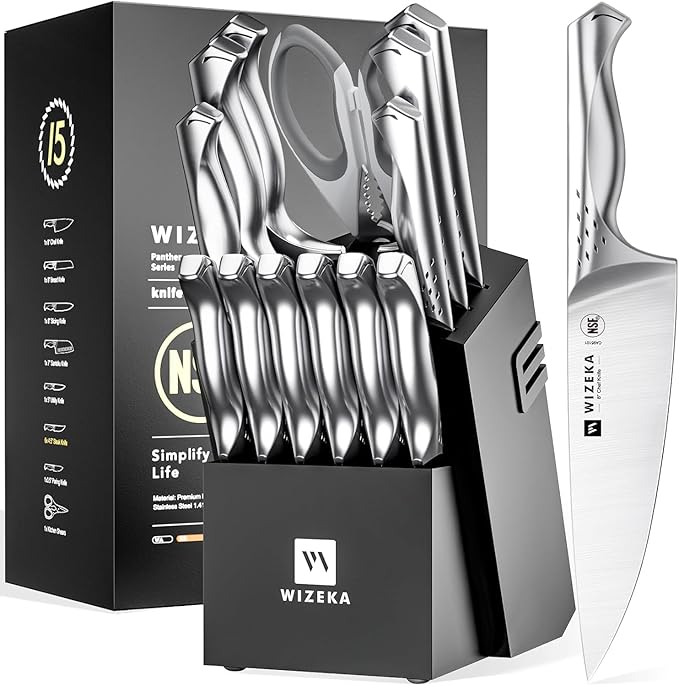 WIZEKA Kitchen Knife Set with Block: Razor Sharp 15 Pcs Professional Chef Knife