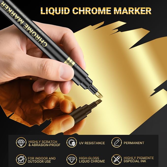 3Pcs Gold Liquid Mirror Chrome Markers, Permanent Reflective Metallic Gold Paint Pen, High Gloss Car DIY Model Painting, Touch Up Repair Kit for Plastic Metal Glass Fabric Ceremic Resins