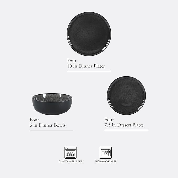 Gibson Elite Tahoe Sunset 12 Piece Stoneware Reactive Glaze (Service for 4) Ceramic Plates and Bowls Dinnerware Set - Black