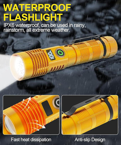 Rechargeable Flashlight High Lumens- Super Bright Magnetic Flash Light with Power Digital Display,3280Ft Long Range,Dimmable,Waterproof,Pocket Tactical LED Flashlights for Emergency,Gold 1PC