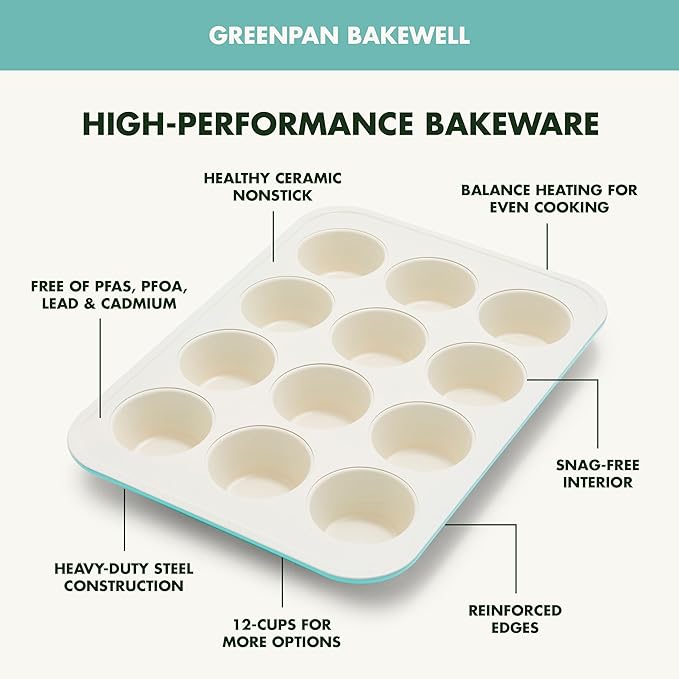 GreenPan Bakewell 12-Cup Muffin Pan, Healthy Ceramic Nonstick Bakeware