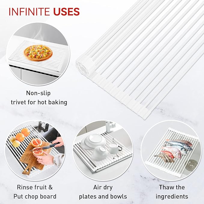 MERRYBOX Roll Up Over The Sink Dish Drying Rack Silicone Wrapped Foldable
