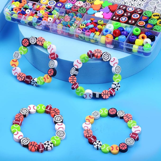 1000PCS Polymer Clay Beads Bracelet Making kit, 24 Style Cute Fun Beads Sports Ball Beads Volleyball Softball Baseball Basketball Soccer Rugby Football Charms for Jewelry Making DIY for Women Girls
