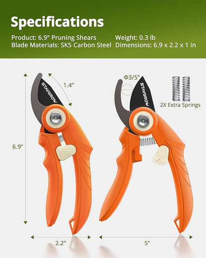 Pruning Shears, Garden Shears - 6.9" Garden Clippers, Gardening Scissors with Rust Resistant SK5 Stainless Steel Blade, Cuts 3X Easier, Weak Hand Arthritis Pruners for Gardening - Orange