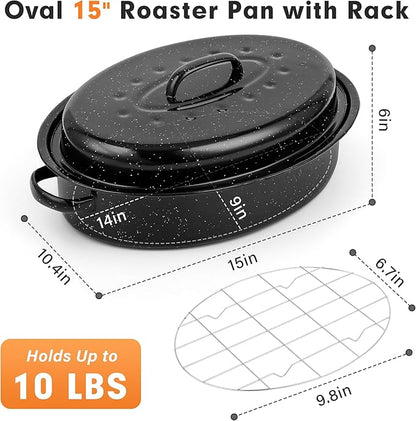 15” Roaster Pan with Lid and Rack, Small Enamel Roaster Pan with Oval Roasting