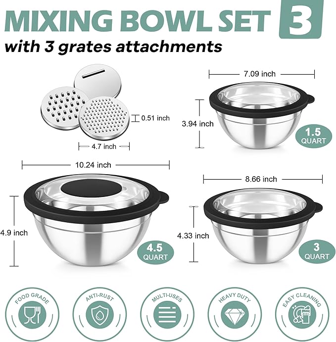 TeamFar Mixing Bowls, 3PCS Stainless Steel Serving Salad Bowls with Lids & 3 Graters, For Kitchen Mixing/Baking/Storing/Prepping, Visible & Airtight, Easy Clean - 4.5/3 / 1.5 QT, Black