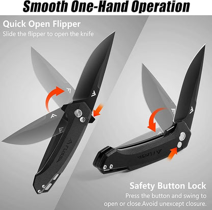 FLISSA Pocket Folding Knife, 3.2??D2 Blade G10 Handle EDC Knife with Button Lock and Pocket Clip for Hunting, Camping, Survival, Outdoor Activities(Black)