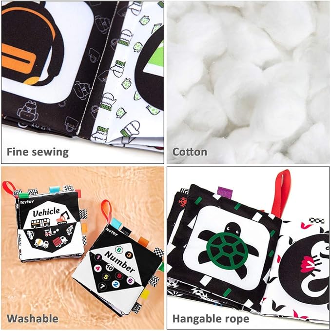 teytoy Baby Soft Cloth Book Set 6 PCS, Black and White High Contrast Baby Activity Crinkle Books for 0 3 6 9 12 Months Newborn Infants Babies Boys and Girls Early Educational Learning Toys