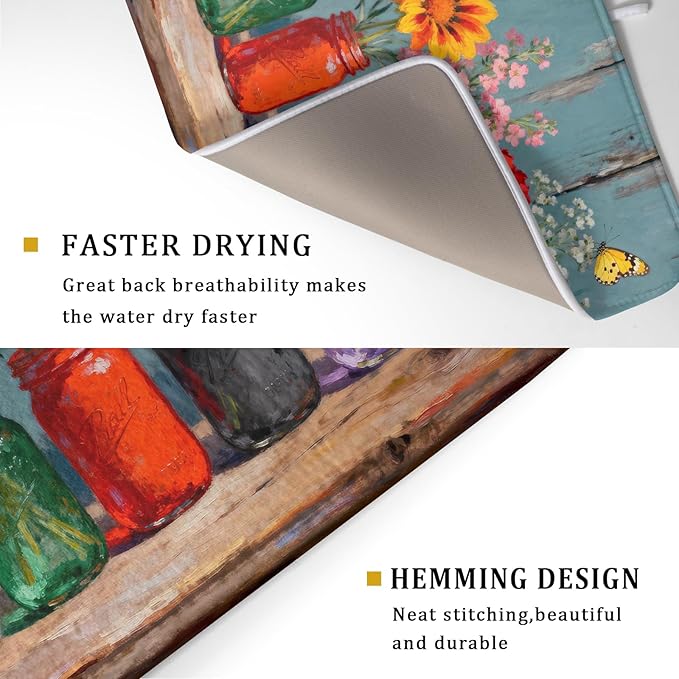 Dish Drying Mat for Kitchen Counter 18x24, Spring Summer Floral Decorative