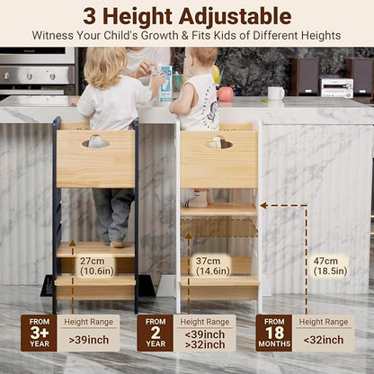 COSYLAND Toddler Standing Tower Adjustable Height - Super Stable Kids Kitchen Stool Helper - 3 Levels Adjustable Wooden Toddler Kitchen Stool (Natural & Light Gray)