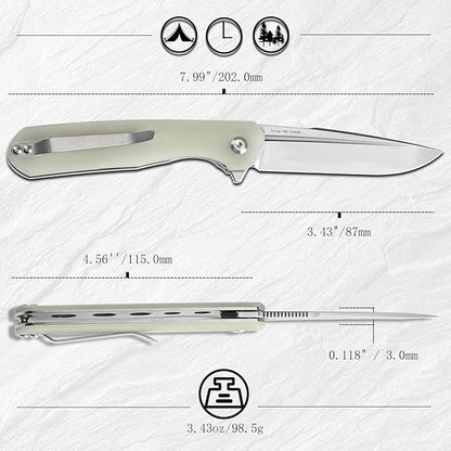 KANSEPT Qilin Pocket Knife, 3.24'' Stonewashed 154CM Sharp Blade, Jade G10 Handle for Edc, Flipper and Liner Lock with Double-Sided Clip, Men Camping Survival Folding Knives K1047A5