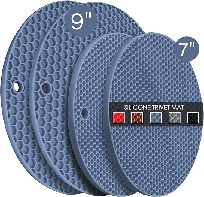 Silicone Trivets for Hot Dishes, Multi-Purpose Pot Holders 4PCS 2 Sizes 7 Inch & 9 Inch, Heat Resistant Non-Slip Silicone Trivet Mats Hot Pads for Kitchen Counter, Trivet for Hot Pots and Pans (Blue)