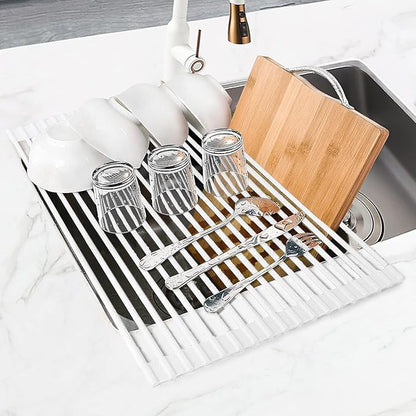 MERRYBOX Roll Up Over The Sink Dish Drying Rack Silicone Wrapped Foldable