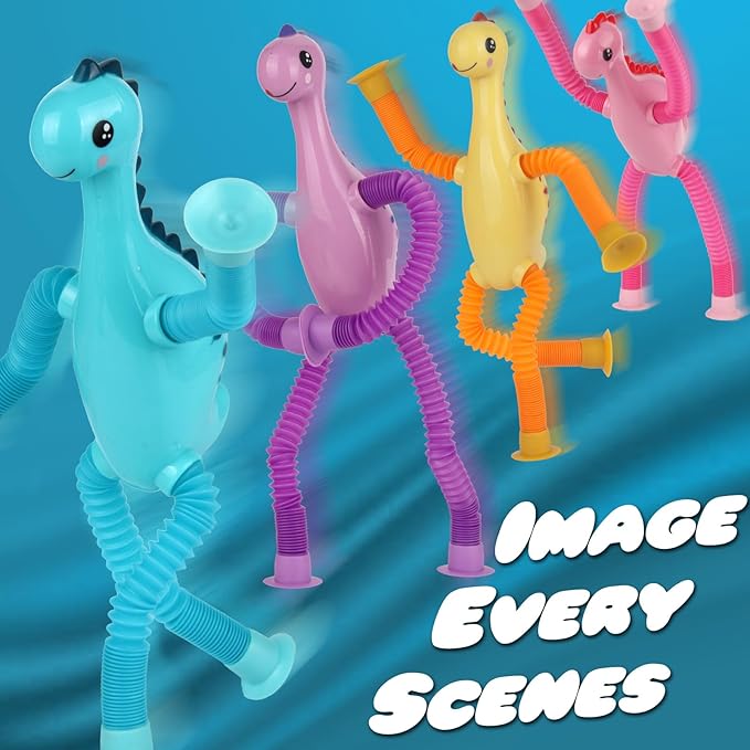 4 Pcs Telescopic Suction Cup Toy, Pop Tubes Sensory Toys for Toddlers, Educational Fidget Toys Dinos Party Favors for Anxiety Kids Basket Stocking Stuffer for 3-9 Year Old Boy Girl