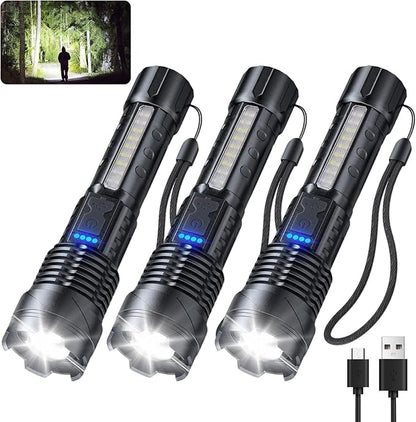 JIJ Flashlight 3 Pack, Rechargeable Flashlights High Lumens, 7 Modes LED Flashlight with IP67 Waterproof, Adjustable Handheld Tactical Flashlight for Camping, Home Emergency, Outdoor