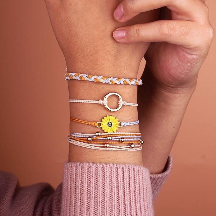 FANCY SHINY Sunflower String Bracelet Boho Braided Rope Wrap Bracelets Cute Summer Beach Surfer Jewelry for Women Christmas Gifts