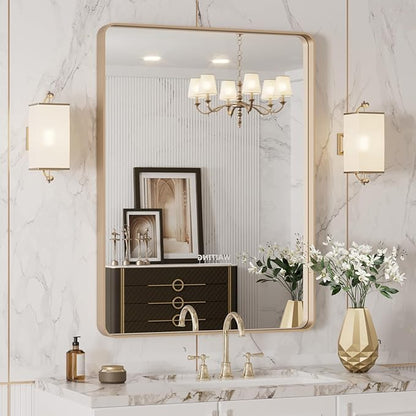 LOAAO 24”X32” Gold Bathroom Mirror, Rounded Rectangle Gold Frame Mirror