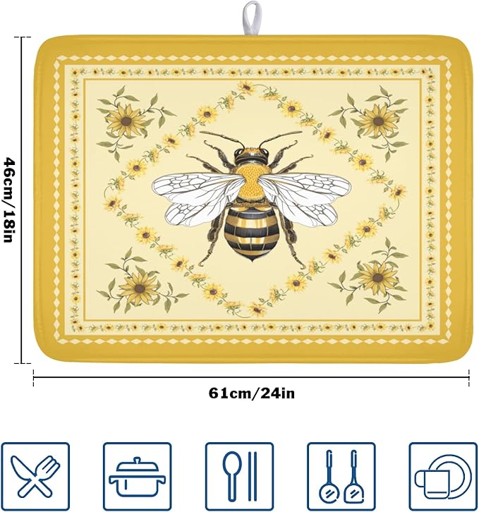 Giwawa Sunflower Bee Dish Drying Mat, Summer Rustic Sunshine Floral Dish