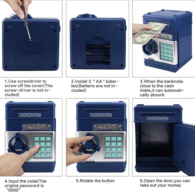 Piggy Bank Electronic Mini ATM for Kids Toy, Safe Money Saving Box Coin Banks Password Code Lock for 3-14 Years Old Kids, Boys Girls Ideal Gift (Grey Blue)
