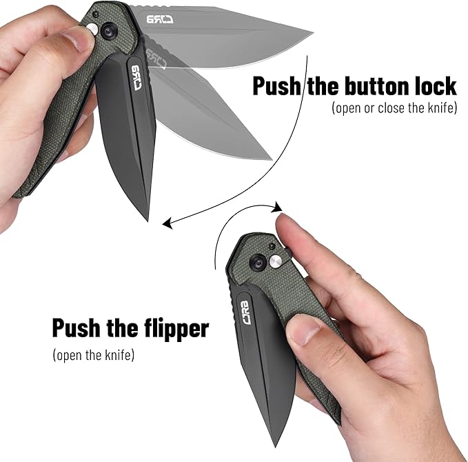 CJRB CUTLERY Folding Knife Riff (J1928) Button Lock Pocket Knife for Men Black PVD AR-RPM9 Steel Blade and Green Micarta Handle for Work Outdoor Hinking Camping