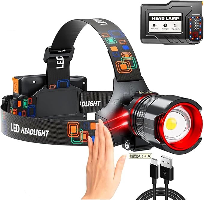 Headlamp 90000 LUMENS LED Rechargeable Head Lamps, Zoomable Headlight with 5 Modes & IPX7 Waterproof, 120° Adjustable Head Lights for Forehead for Outdoor, Camping, Hard Hat, Hunting,Fathers Day Gift